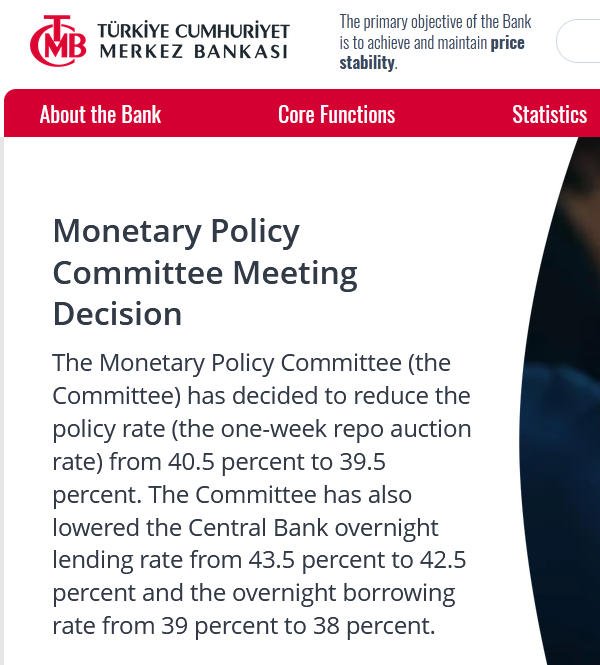 祥乾资产 土耳其央行将基准利率下调至39.5%